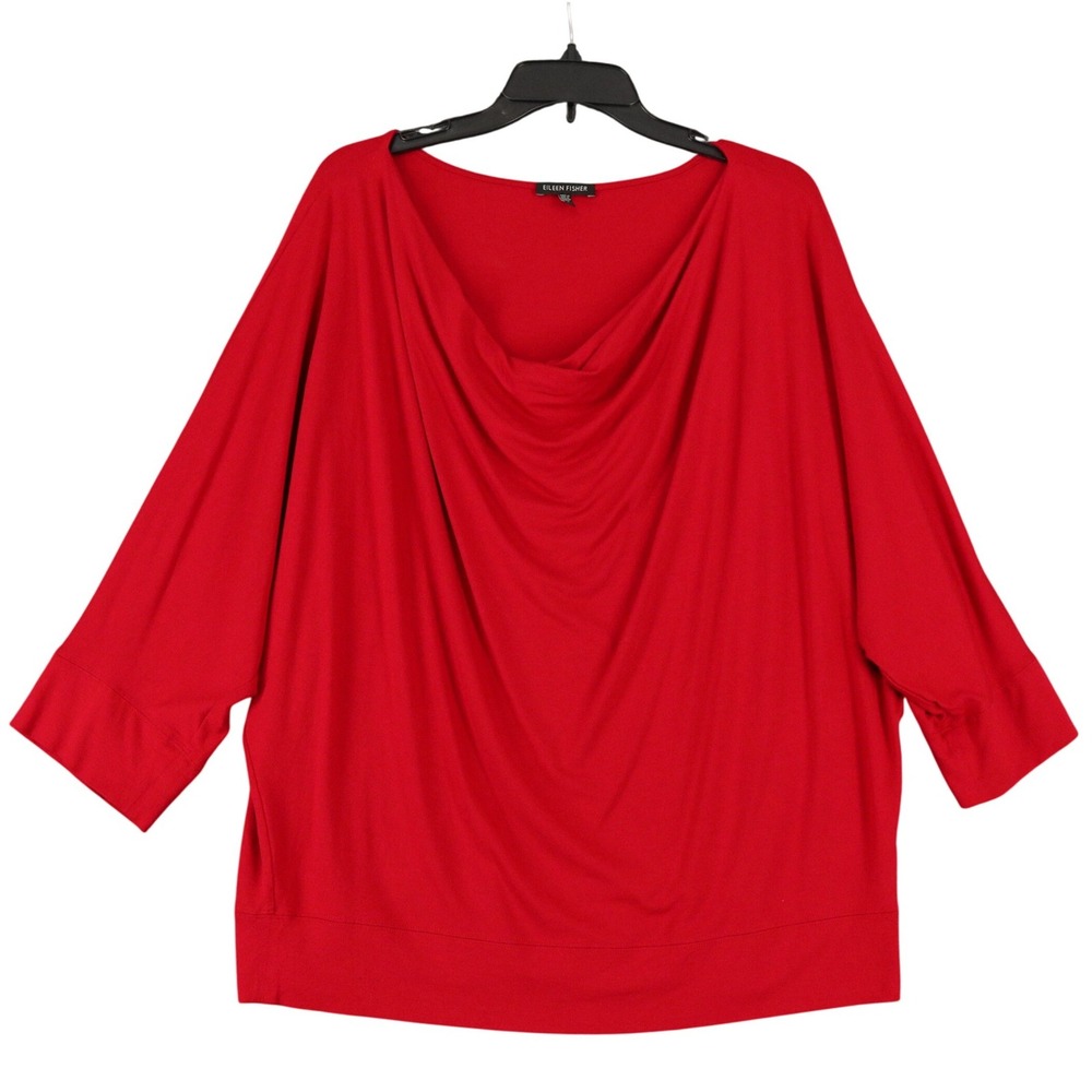 Eileen Fisher Drape Neck Top Womens L Red 3/4 Sleeve Stretch Blouse